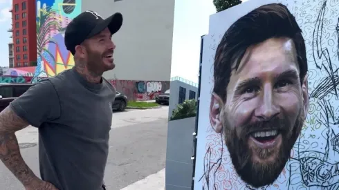 Beckham conociendo el mural de Messi en Miami
