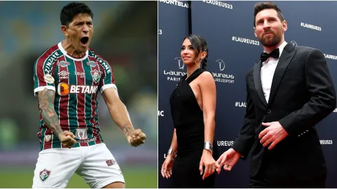 Germán Cano, artillero del Fluminense, tributa a Messi y su esposa, Antonella Rocuzzo.
