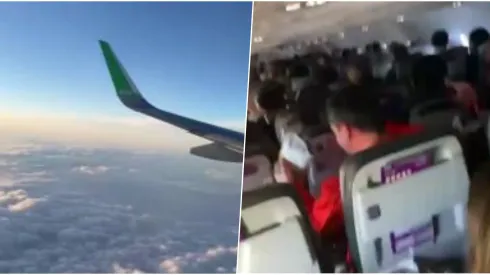 Pasajeros del avión de la selección chilena comparten las turbulencias camino a Montevideo.
