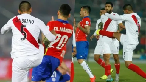 Carlos Zambrano vio la tarjeta roja directa por este patadón a Charles Aránguiz en la semifinal de la Copa América 2015.
