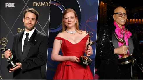 Kieran Culkin, Sarah Snook y RuPaul con sus Emmy.
