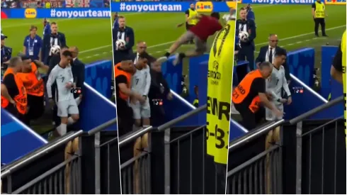 Hincha volador casi cae encima de Cristiano Ronaldo.
