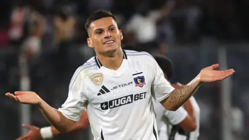 Futbol, Colo Colo vs Everton.<br />
Fecha 4, Liga de Primera 2025.<br />
El jugador de Colo Colo Lucas Cepeda, centro, celebra su gol contra Everton durante el partido de primera división disputado en el estadio Monumental.
