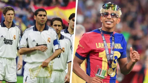 Ex figura del Madrid se lanza contra el jugador del Barca.
