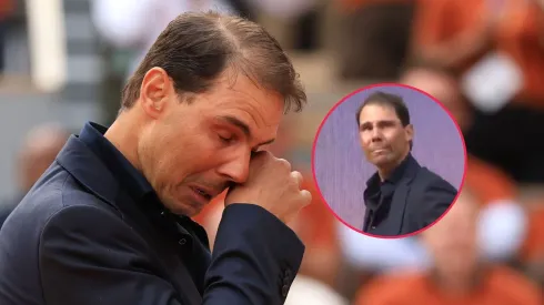 Rafael Nadal llora en su homenaje en Roland Garros.
