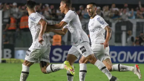 Jogadores do Santos comemoram gol (Foto: Fernanda Luz/AGIF)
