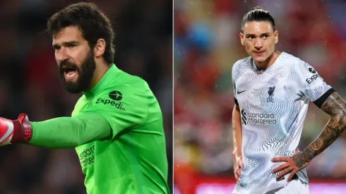 Pakawich Damrongkiattisak/Getty Images; Mike Hewitt/Getty Images – Alisson e Darwin Nunez do Liverpool
