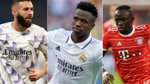 Denis Doyle/Getty Images; Adam Pretty/Getty Images; Stu Forster/Getty Images – Benzema, Mané e Vinicius Junior
