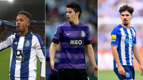 Dean Mouhtaropoulos; Ian MacNicol; Octavio Passos/Getty Images – Militão, Vitinha e James Rodríguez no Porto
