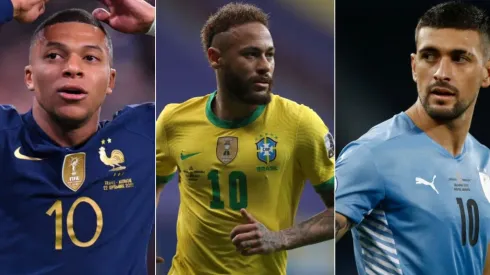 Wagner Meier; Buda Mendes; Alex Grimm/Getty Images – Mbappe, Neymar e Arrascaeta
