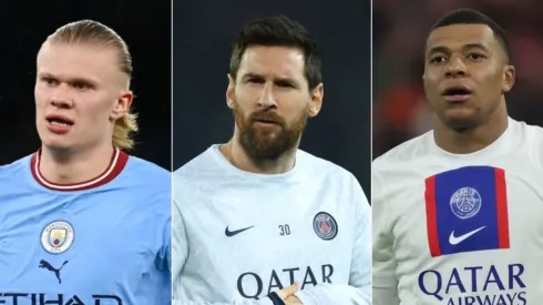 Foto: Alex Grimm/Michael Regan/Getty Images – Messi, Mbappe e Haaland
