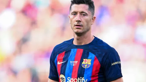 BARCELONA, SPAIN – MAY 28: Robert Lewandowski of FC Barcelona looks on during the LaLiga Santander match between FC Barcelona and RCD Mallorca at Spotify Camp Nou on May 28, 2023 in Barcelona, Spain. (Photo by David Ramos/Getty Images)
