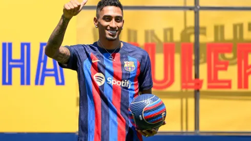 SANT JOAN DESPI, SPAIN – JULY 15: Raphael Dias Belloli 'Raphinha' poses for the media as he is presented as a FC Barcelona player at Ciutat Esportiva Joan Gamper on July 15, 2022 in Sant Joan Despi, Spain. (Photo by David Ramos/Getty Images)
