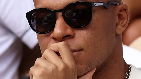 PARIS, FRANCE – JUNE 11: Footballer Kylian Mbappe is seen attending the Men's Singles Final match between Novak Djokovic of Serbia and Casper Ruud of Norway on Day Fifteen of the 2023 French Open at Roland Garros on June 11, 2023 in Paris, France. (Photo by Clive Brunskill/Getty Images)
