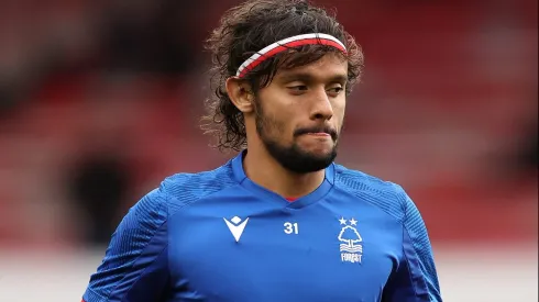 NOTTINGHAM, ENGLAND – FEBRUARY 18: Gustavo Scarpa of Nottingham Forest warms up prior to the Premier League match between Nottingham Forest and Manchester City at City Ground on February 18, 2023 in Nottingham, England. (Photo by Catherine Ivill/Getty Images)
