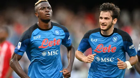NAPLES, ITALY – AUGUST 21: Victor Osimhen of Napoli celebrates scoring their side's second goal with teammate Khvicha Kvaratskhelia during the Serie A match between Napoli and Monza at Stadio Diego Armando Maradona on August 21, 2022 in Naples, Italy. (Photo by Francesco Pecoraro/Getty Images)
