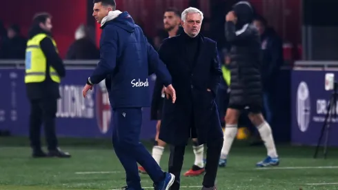 BOLOGNA, ITALY – DECEMBER 17:  Thiago Motta, Head Coach of Bologna FC, and Jose Mourinho, Head Coach of AS Roma, interact after the Serie A TIM match between Bologna FC and AS Roma at Stadio Renato Dall'Ara on December 17, 2023 in Bologna, Italy. (Photo by Alessandro Sabattini/Getty Images)
