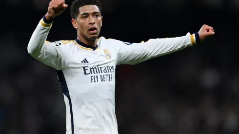 MADRID, SPAIN – MARCH 06: Jude Bellingham of Real Madrid CF celebrates their team's first goal socred by his team mate Vinicius Jr. (Not in picture) during the UEFA Champions League 2023/24 round of 16 second leg match between Real Madrid CF and RB Leipzig at Estadio Santiago Bernabeu on March 06, 2024 in Madrid, Spain. (Photo by David Ramos/Getty Images)
