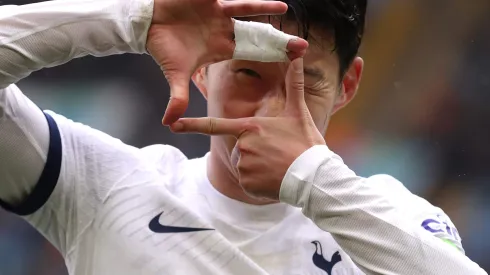 BIRMINGHAM, ENGLAND – MARCH 10: Son Heung-Min of Tottenham Hotspur celebrates scoring his sides third goal during the Premier League match between Aston Villa and Tottenham Hotspur at Villa Park on March 10, 2024 in Birmingham, England. (Photo by Alex Pantling/Getty Images)
