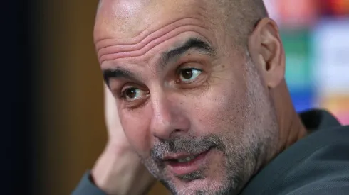 MANCHESTER, ENGLAND – MARCH 05:  Pep Guardiola the manager of Manchester City faces the media during a press conference at Manchester City Football Academy on March 05, 2024 in Manchester, England. (Photo by Alex Livesey/Getty Images)
