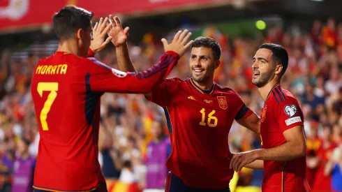 GRANADA, SPAIN – SEPTEMBER 12: Rodri of Spain celebrates with teammates following teammate Mikel Merino's goal during the UEFA EURO 2024 European qualifier match between Spain and Cyprus at Estadio Nuevo Los Carmenes on September 12, 2023 in Granada, Spain. (Photo by Fran Santiago/Getty Images)
