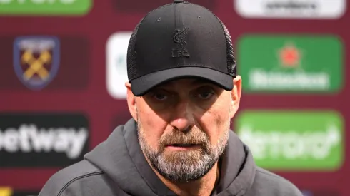 LONDON, ENGLAND – APRIL 27: Jurgen Klopp, Manager of Liverpool, speaks to the media in a post match press conference after the Premier League match between West Ham United and Liverpool FC at London Stadium on April 27, 2024 in London, England. (Photo by Justin Setterfield/Getty Images)
