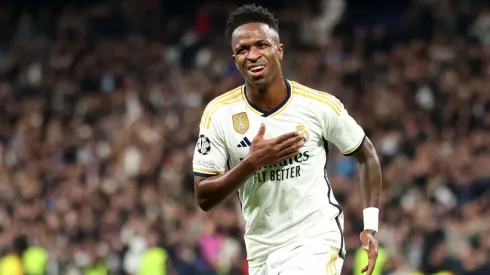 MADRID, SPAIN – NOVEMBER 08: Vinicius Junior of Real Madrid celebrates after scoring the team's second goal during the UEFA Champions League match between Real Madrid and SC Braga at Estadio Santiago Bernabeu on November 08, 2023 in Madrid, Spain. (Photo by Florencia Tan Jun/Getty Images)
