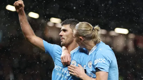 Rodri e Erling Haaland pelo Manchester City<br />
 (Photo by Catherine Ivill/Getty Images)
