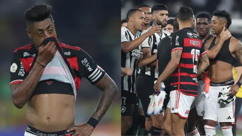 Bruno Henrique em confusão no Flamengo x Botafogo. Foto Esq.: Wagner Meier/Getty Images e Foto Dir.: Wagner Meier/Getty Images
