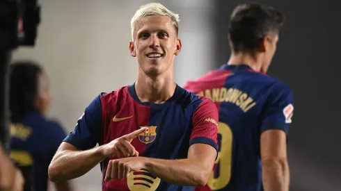 Dani Olmo, do Barcelona, na terceira vitória do clube por La Liga (Foto: Denis Doyle/Getty Images)
