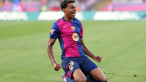 BARCELONA, SPAIN – AUGUST 24: Lamine Yamal of FC Barcelona celebrates scoring his team's first goal during the La Liga match between FC Barcelona and Athletic Club at Camp Nou on August 24, 2024 in Barcelona, Spain. (Photo by Alex Caparros/Getty Images)
