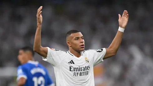 MADRID, SPAIN – SEPTEMBER 24: Kylian Mbappe of Real Madrid celebrates scoring his team's second goal during the LaLiga match between Real Madrid CF and Deportivo Alaves  at Estadio Santiago Bernabeu on September 24, 2024 in Madrid, Spain. (Photo by Denis Doyle/Getty Images)
