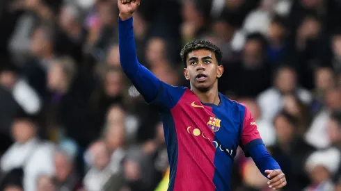 MADRID, SPAIN – OCTOBER 26: Lamine Yamal of FC Barcelona celebrates their team's third goal during the LaLiga match between Real Madrid CF and FC Barcelona at Estadio Santiago Bernabeu on October 26, 2024 in Madrid, Spain. (Photo by David Ramos/Getty Images)
