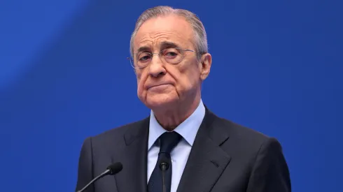 MADRID, SPAIN – JULY 16: Florentino Perez Rodriguez, President of Real Madrid speaks as Real Madrid new signing, Kylian Mbappe is unveiled at Estadio Santiago Bernabeu on July 16, 2024 in Madrid, Spain. (Photo by David Ramos/Getty Images)
