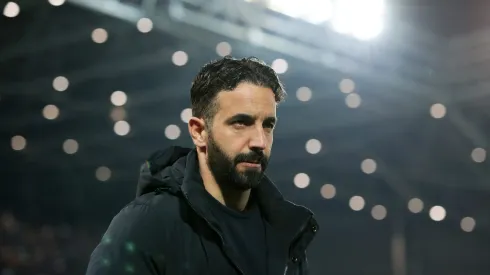 BERGAMO, ITALY – MARCH 14: Ruben Amorim, Head Coach of Sporting CP, looks on prior to the UEFA Europa League 2023/24 round of 16 second leg match between Atalanta and Sporting CP at the Stadio di Bergamo on March 14, 2024 in Bergamo, Italy. (Photo by Emilio Andreoli/Getty Images)
