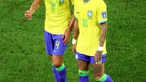 AL RAYYAN, QATAR – DECEMBER 09: Marquinhos and Neymar of Brazil talk after the second half during the FIFA World Cup Qatar 2022 quarter final match between Croatia and Brazil at Education City Stadium on December 09, 2022 in Al Rayyan, Qatar. (Photo by Francois Nel/Getty Images)
