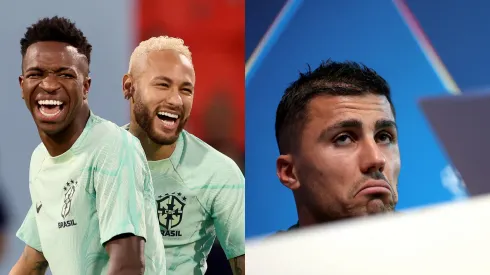 Vini Jr e Neymar pela Seleção brasileira. Rodri (Photo by Alexander Hassenstein/Getty Images) e (Photo by Carl Recine/Getty Images)
