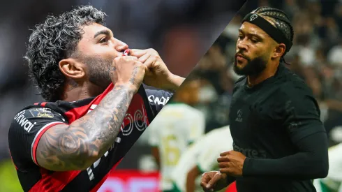 Gabigol e Memphis Depay em ação pelo Brasileirão Betano 2024. Foto: IMAGO / Fotoarena / Fotoarena.
