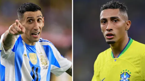  Di Maria, da Argentina  (Photo by Buda Mendes/Getty Images) e Raphinha, da Seleção Brasileira (Photo by Justin Setterfield/Getty Images)
