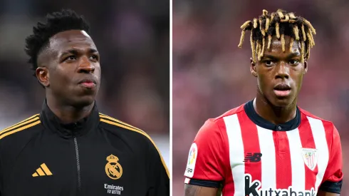 Vinicius Junior, do Real Madrid e Nico Williams, do Athletic Bilbao. O último é alvo do Arsenal (Photo by David Ramos/Getty Images) e (Photo by Juan Manuel Serrano Arce/Getty Images) respectivamente

