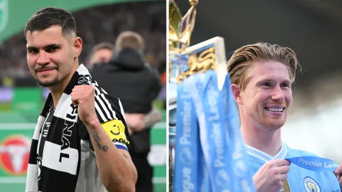 Bruno Guimarães (Photo by Stu Forster/Getty Images) e Kevin De Bruyne (Photo by Michael Regan/Getty Images),  do Manchester City
