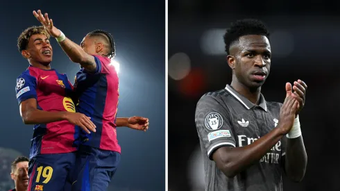 Lamine Yamal e Raphinha pelo Barcelona (Photo by Pedro Salado/Getty Images) e Vini Jr, pelo Real Madrid (Photo by Justin Setterfield/Getty Images). Times terão confrontos pela Champions League
