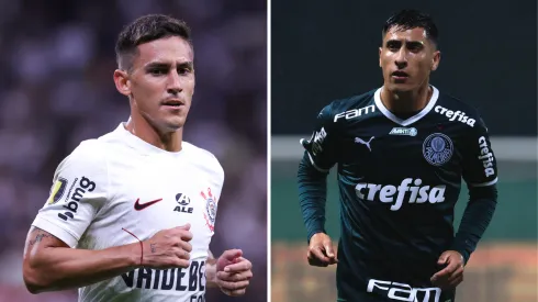 Na esquerda, Rojas aparece em partida pelo Corinthians. No lado direito, Merentiel aparece pelo Palmeiras.
