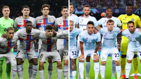 Jogadores do Barcelona (Photo by Marco Luzzani/Getty Images) e jogadores da Inter de Milão  (Photo by Eric Alonso/Getty Images)
