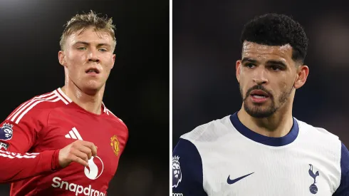 Hojlund, do Manchester United  (Photo by Richard Heathcote/Getty Images) e Solanke, do Tottenham (Photo by Julian Finney/Getty Images)
