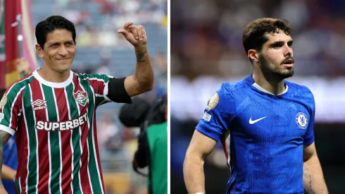 Germán Cano, do Fluminense (Photo by Buda Mendes/Getty Images) e Pedro Neto, do Chelsea (Photo by Alex Grimm/Getty Images)
