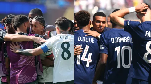 jogadores do chelsea (Photo by Alex Grimm/Getty Images) e jogadores do psg (Photo by David Ramos/Getty Images)
