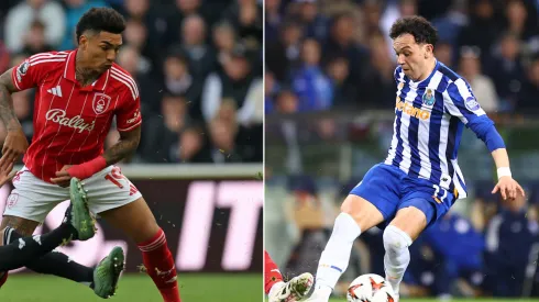 Igor Jesus, disputando bola em campo no Nottingham Forest (Foto: George Wood/Getty Images) e Pepe, em campo, disputando bola pelo Porto (Foto: Diogo Cardoso/Getty Images)
