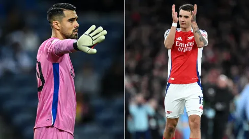Diogo Costa, do FC Porto, e Kiwior, do Arsenal. Fotos: Getty Images
