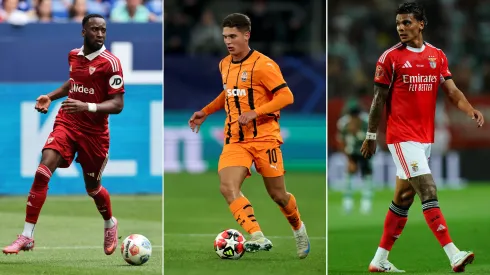 Lukebakio, Sudakov e Richard Ríos, reforços do Benfica. Fotos: Getty Images
